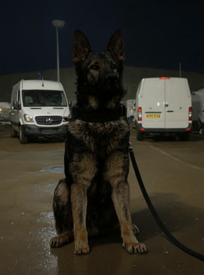 Security dog on patrol at night